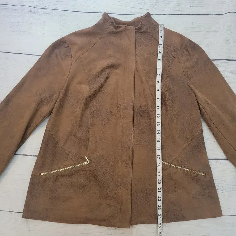 Chico's Size 2 US 12/14 Suede Moto Jacket‎ Brown Faux Leather Western Minimalist